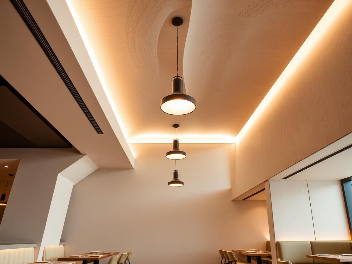 Restaurante de hotel com forro em drywall e iluminação pendente