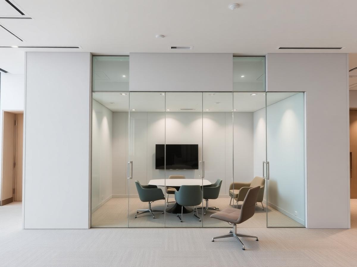 Divisória de drywall com vidro em sala de reunião corporativa